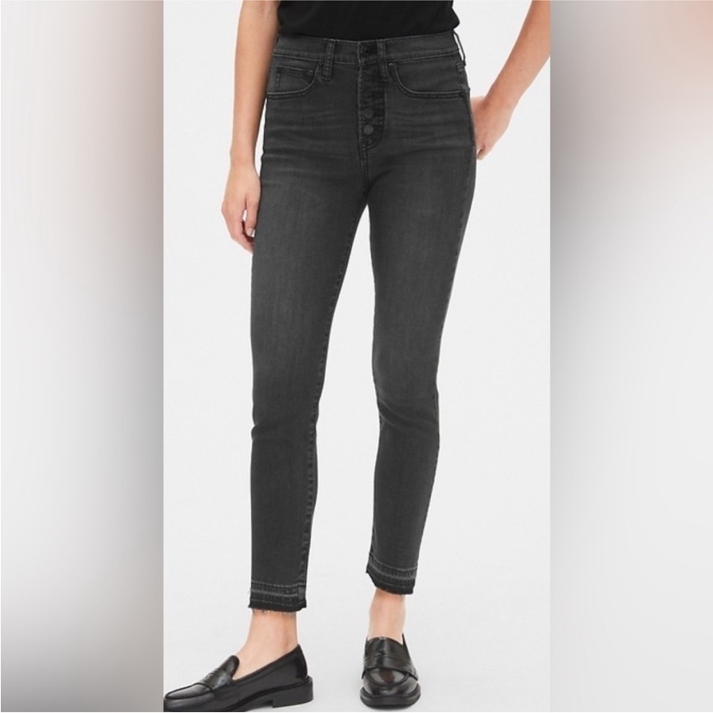 Gap True Skinny Slit Ankle High Rise Charcoal Raw Hem Jeans sz 30